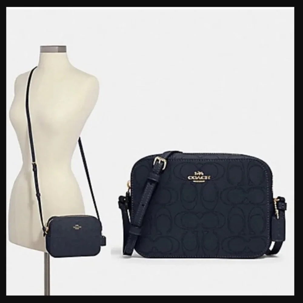 💙 NWOT Coach Navy Blue Perforated Leather Camera Bag Crossbody